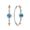 14K Yellow Gold and 925 Sterling Silver Bujukan Round Blue Topaz Elongated Oval Classic Hoop Earrings