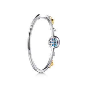 14K Yellow Gold and 925 Sterling Silver Bujukan Round Blue Topaz Elongated Oval Classic Hoop Earrings