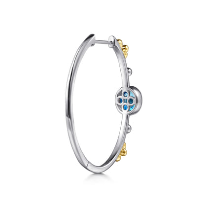 14K Yellow Gold and 925 Sterling Silver Bujukan Round Blue Topaz Elongated Oval Classic Hoop Earrings