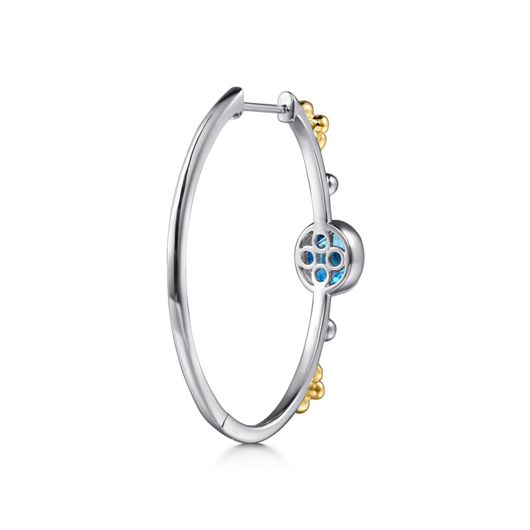 14K Yellow Gold and 925 Sterling Silver Bujukan Round Blue Topaz Elongated Oval Classic Hoop Earrings - Shot 2