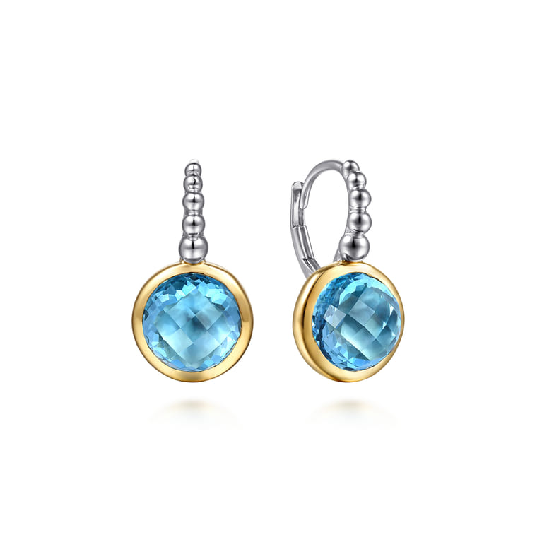 14K Yellow Gold and 925 Sterling Silver Bujukan Round Blue Topaz Leverback Earrings - Shot 1