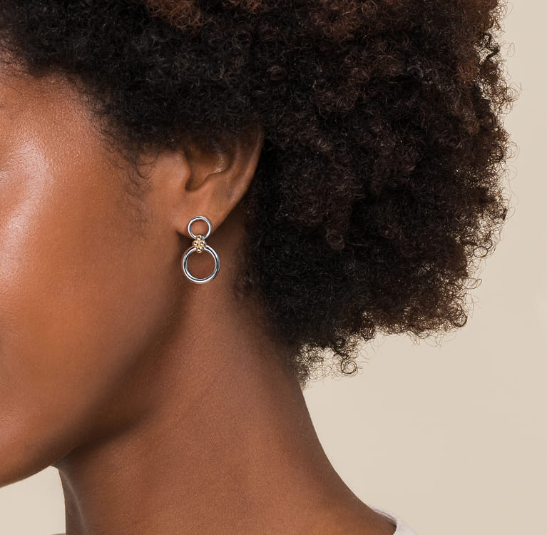 14K Yellow Gold and 925 Sterling Silver Bujukan Round Link Stud Earrings - Shot 3