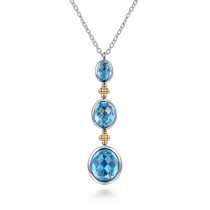 14K Yellow Gold and 925 Sterling Silver Bujukan Triple Oval Blue Topaz Pendant Necklace
