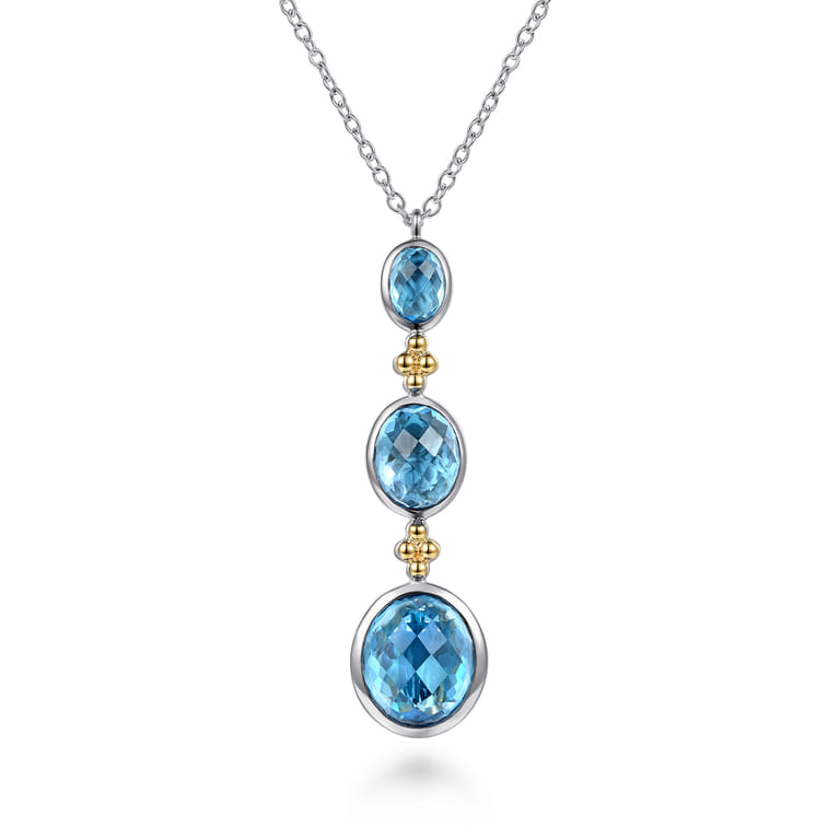 14K Yellow Gold and 925 Sterling Silver Bujukan Triple Oval Blue Topaz Pendant Necklace - Shot 1