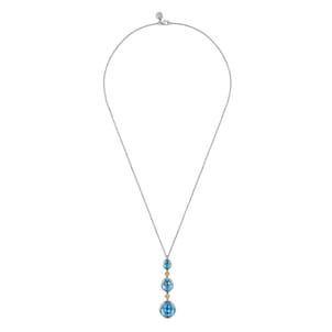 14K Yellow Gold and 925 Sterling Silver Bujukan Triple Oval Blue Topaz Pendant Necklace