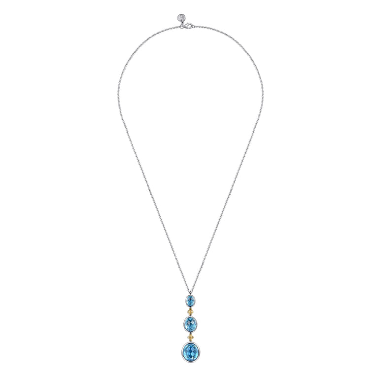 14K Yellow Gold and 925 Sterling Silver Bujukan Triple Oval Blue Topaz Pendant Necklace - Shot 2