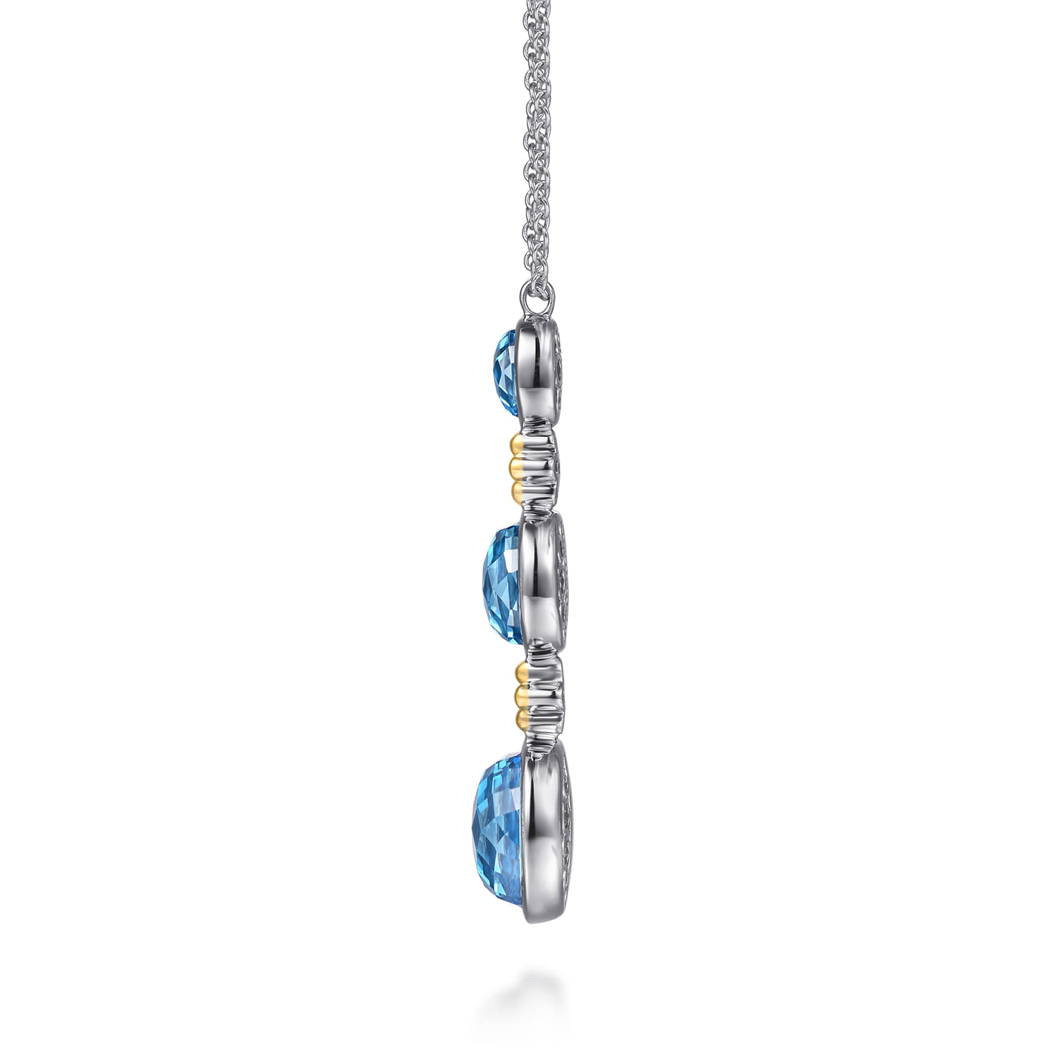 14K Yellow Gold and 925 Sterling Silver Bujukan Triple Oval Blue Topaz Pendant Necklace