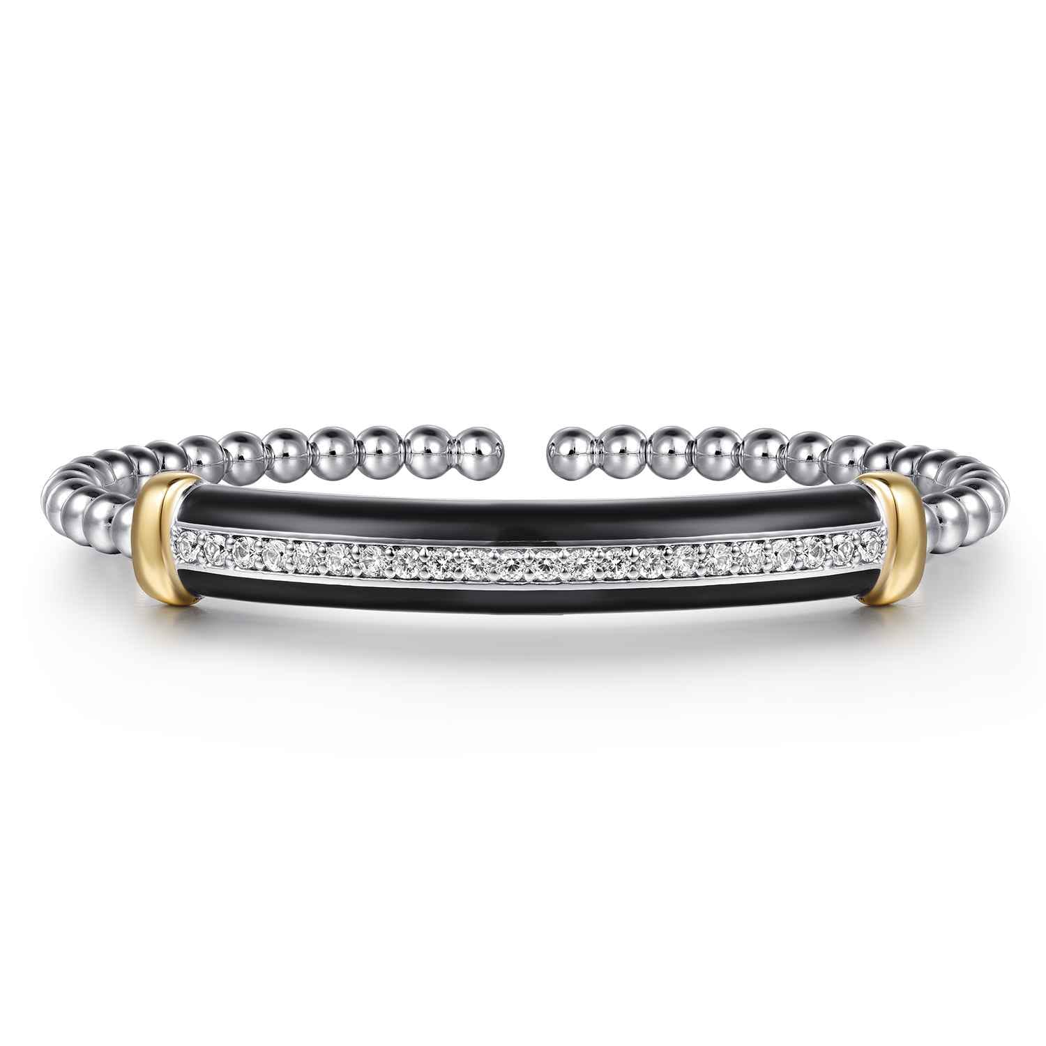 14K Yellow Gold and 925 Sterling Silver Bujukan White Sapphire Bangle with Black Enamel - Shot 1