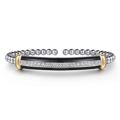 14K Yellow Gold and 925 Sterling Silver Bujukan White Sapphire Bangle with Black Enamel
