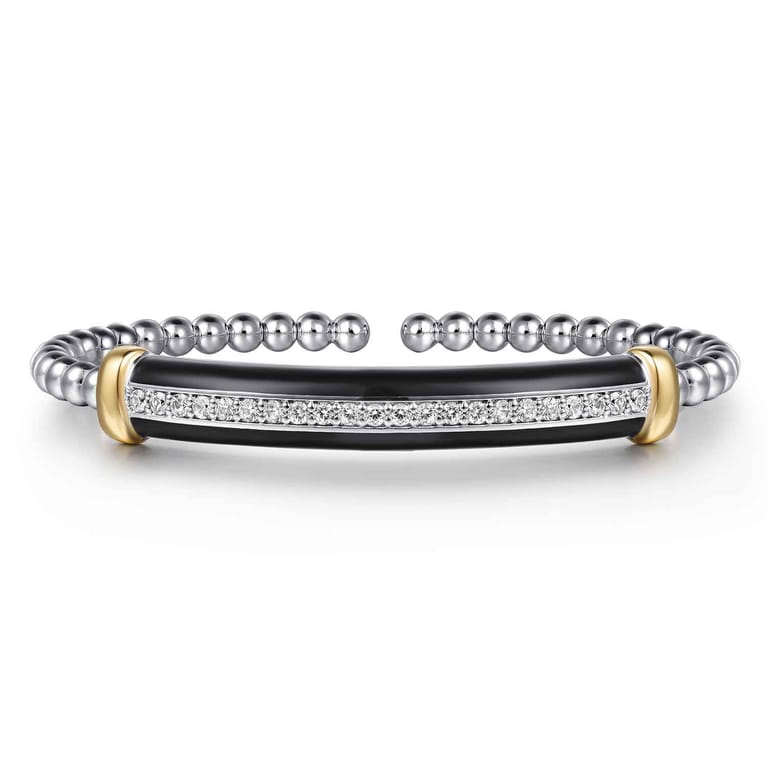 14K Yellow Gold and 925 Sterling Silver Bujukan White Sapphire Bangle with Black Enamel - Shot 1
