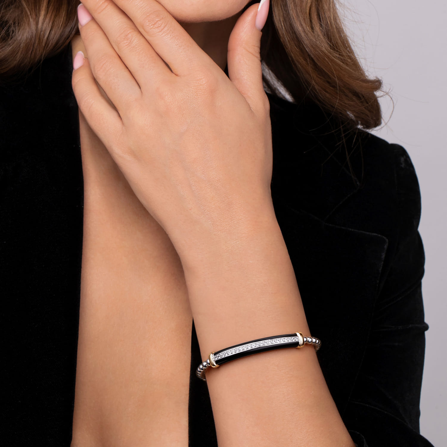 14K Yellow Gold and 925 Sterling Silver Bujukan White Sapphire Bangle with Black Enamel - Shot 4