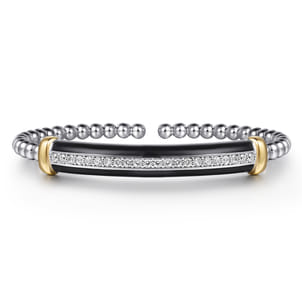 14K Yellow Gold and 925 Sterling Silver Bujukan White Sapphire Bangle with Black Enamel