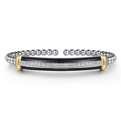 14K Yellow Gold and 925 Sterling Silver Bujukan White Sapphire Bangle with Black Enamel