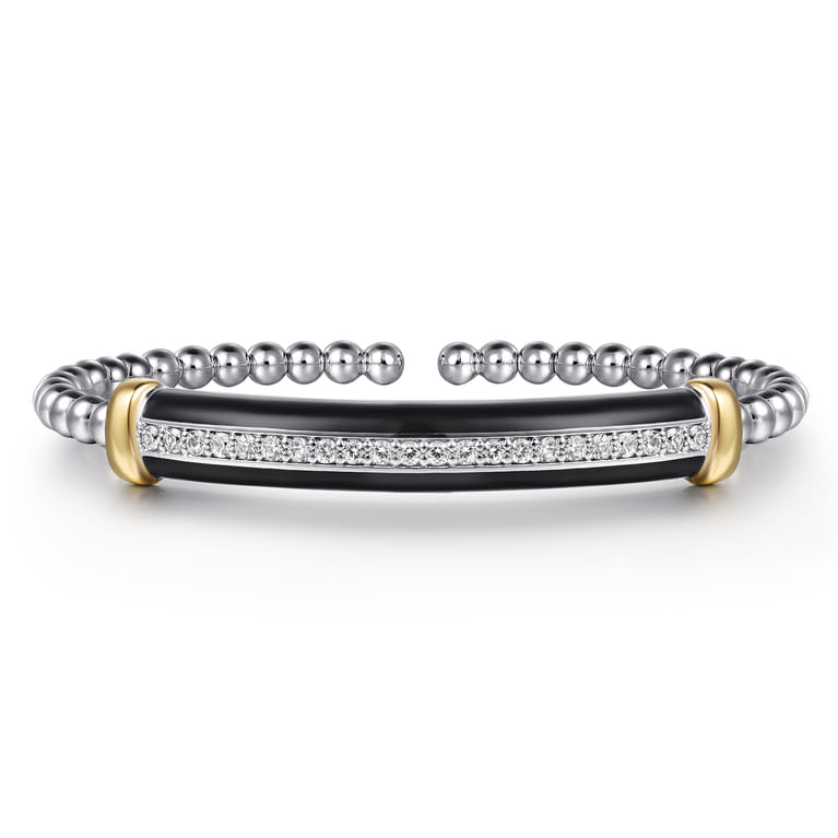 14K Yellow Gold and 925 Sterling Silver Bujukan White Sapphire Bangle with Black Enamel - Shot 1