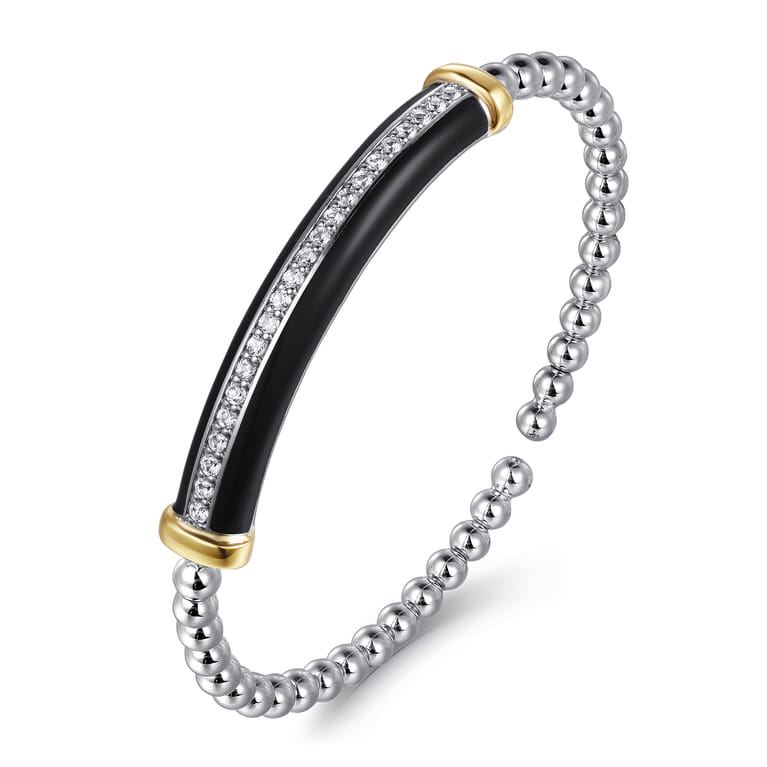14K Yellow Gold and 925 Sterling Silver Bujukan White Sapphire Bangle with Black Enamel - Shot 2
