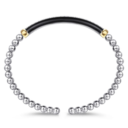 14K Yellow Gold and 925 Sterling Silver Bujukan White Sapphire Bangle with Black Enamel