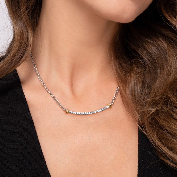 14K Yellow Gold and 925 Sterling Silver Bujukan White Sapphire Bar Necklace