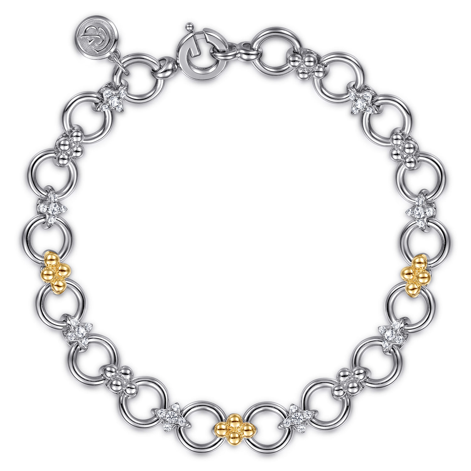 14K Yellow Gold and 925 Sterling Silver Bujukan White Sapphire Clover Link Chain Bracelet - Shot 1