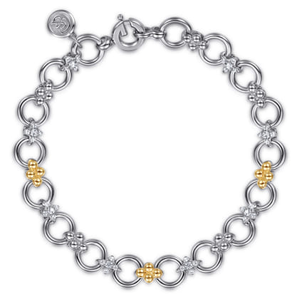 14K Yellow Gold and 925 Sterling Silver Bujukan White Sapphire Clover Link Chain Bracelet