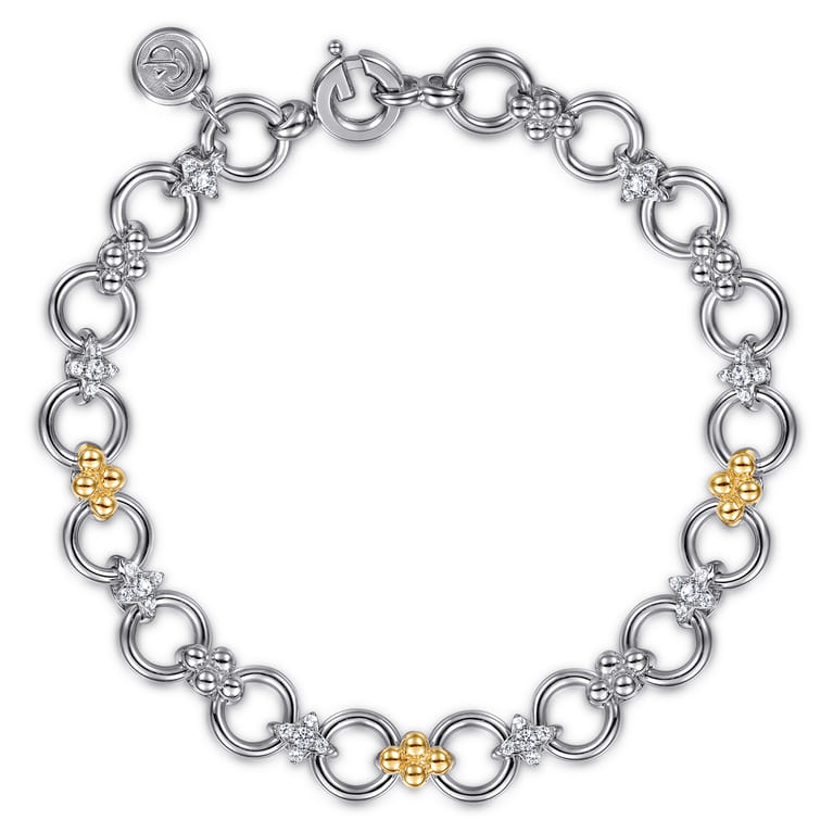 14K Yellow Gold and 925 Sterling Silver Bujukan White Sapphire Clover Link Chain Bracelet - Shot 1