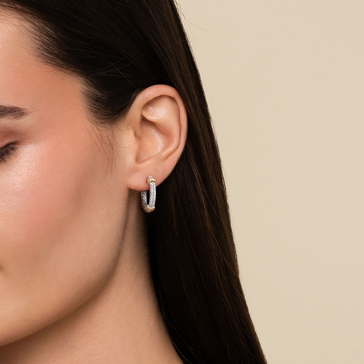 14K Yellow Gold and 925 Sterling Silver Bujukan White Sapphire Hoops