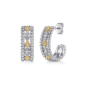 14K Yellow Gold and 925 Sterling Silver Bujukan White Sapphire J Hoop Earrings