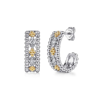 14K Yellow Gold and 925 Sterling Silver Bujukan White Sapphire J Hoop Earrings