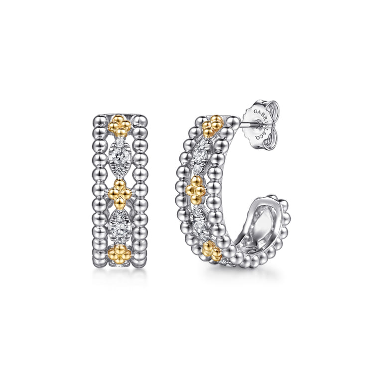 14K Yellow Gold and 925 Sterling Silver Bujukan White Sapphire J Hoop Earrings - Shot 1