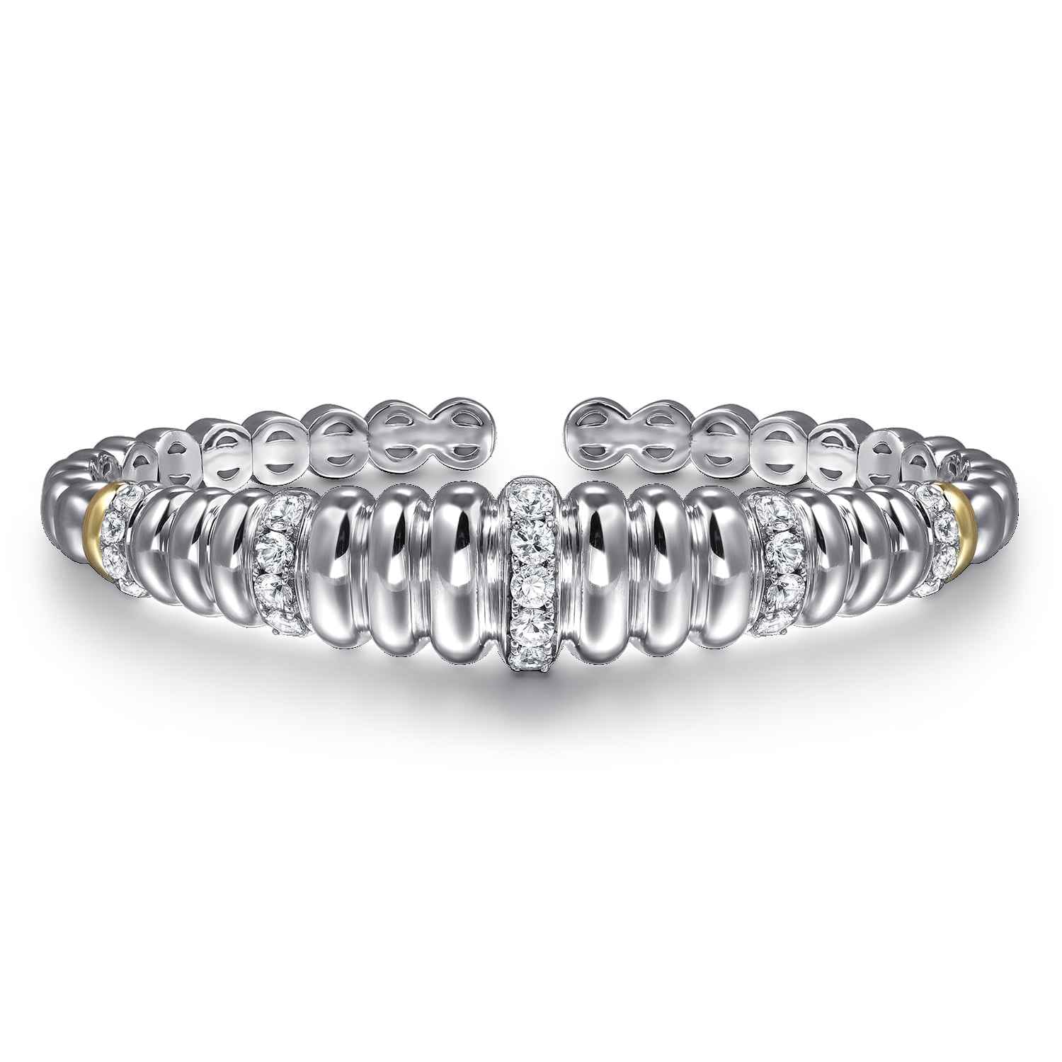 14K Yellow Gold and 925 Sterling Silver Bujukan White Sapphire Scallop Open Bangle Bracelet - Shot 1