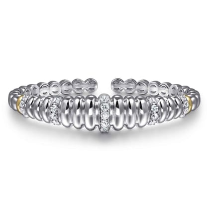 14K Yellow Gold and 925 Sterling Silver Bujukan White Sapphire Scallop Open Bangle Bracelet