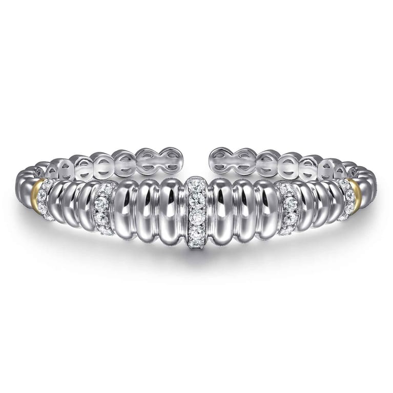 14K Yellow Gold and 925 Sterling Silver Bujukan White Sapphire Scallop Open Bangle Bracelet - Shot 1