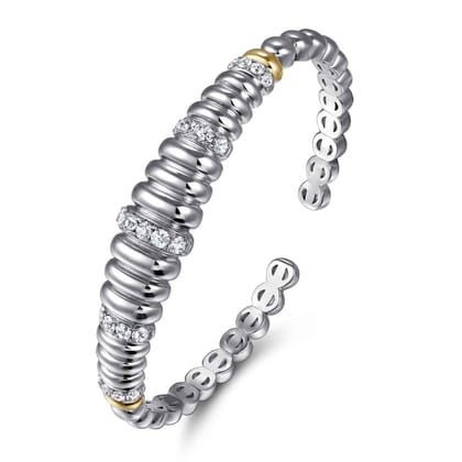 14K Yellow Gold and 925 Sterling Silver Bujukan White Sapphire Scallop Open Bangle Bracelet