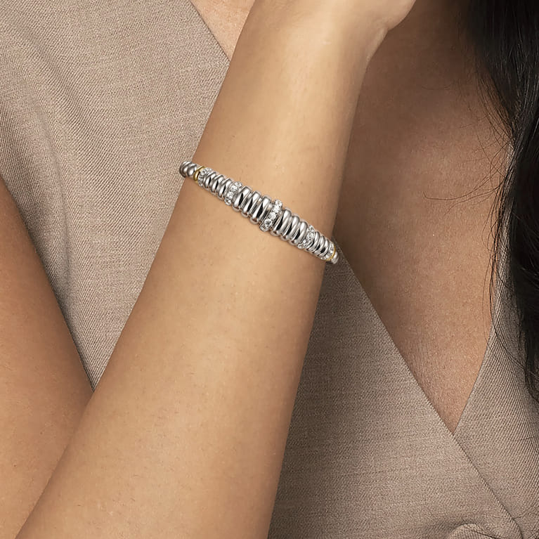 14K Yellow Gold and 925 Sterling Silver Bujukan White Sapphire Scallop Open Bangle Bracelet - Shot 4