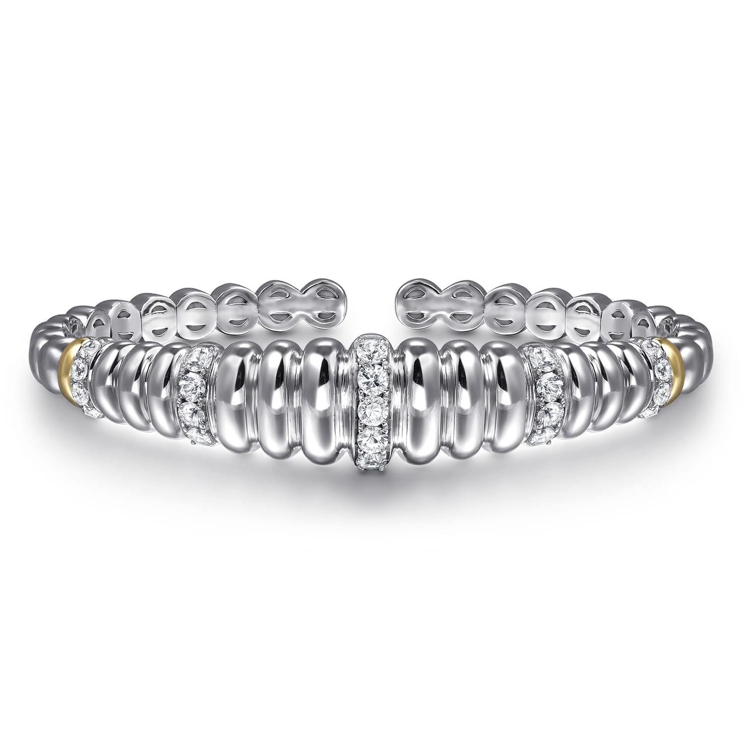 14K Yellow Gold and 925 Sterling Silver Bujukan White Sapphire Scallop Open Bangle Bracelet - Shot 1