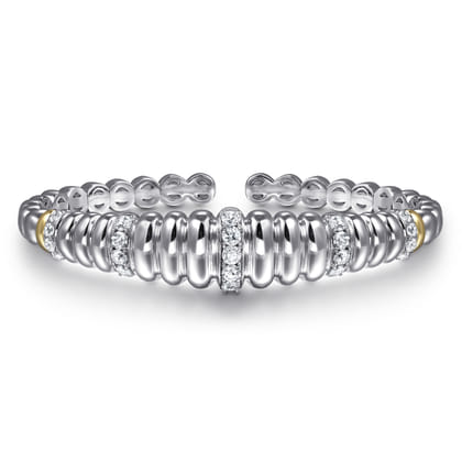 14K Yellow Gold and 925 Sterling Silver Bujukan White Sapphire Scallop Open Bangle Bracelet