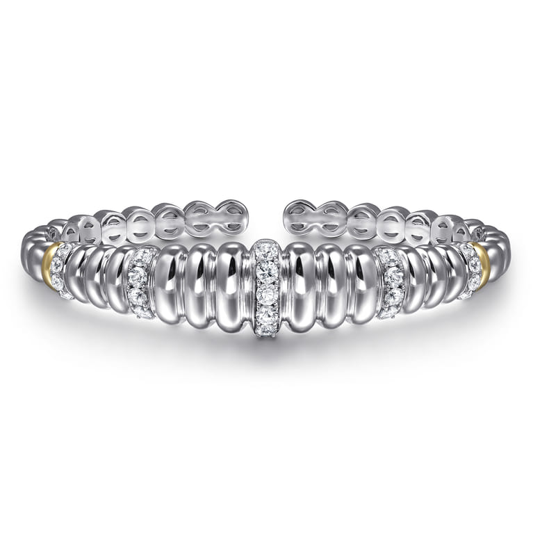 14K Yellow Gold and 925 Sterling Silver Bujukan White Sapphire Scallop Open Bangle Bracelet - Shot 1