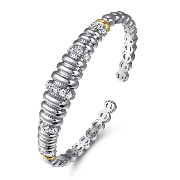 14K Yellow Gold and 925 Sterling Silver Bujukan White Sapphire Scallop Open Bangle Bracelet - Shot 2