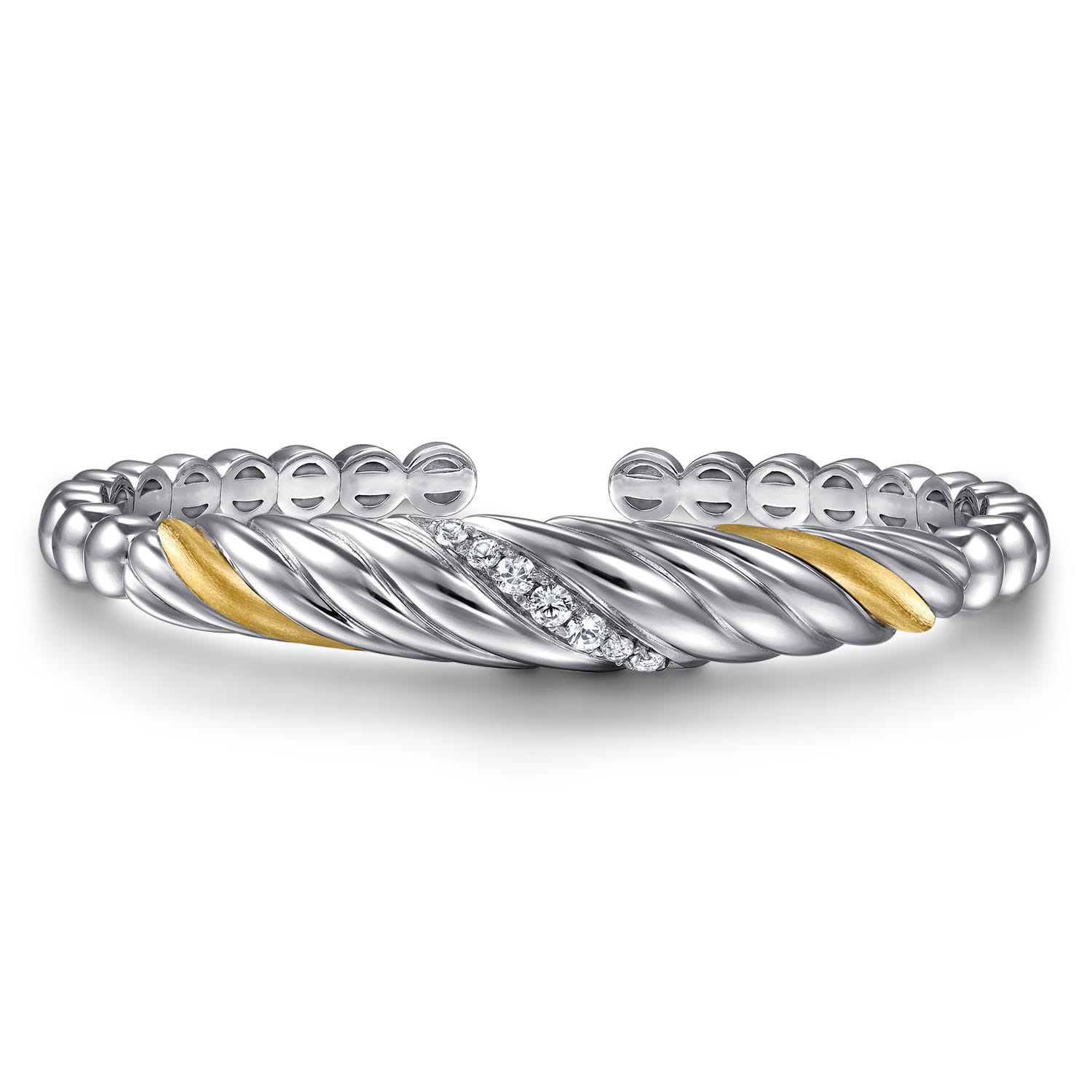 14K Yellow Gold and 925 Sterling Silver Bujukan White Sapphire Scallop Open Bangle - Shot 1