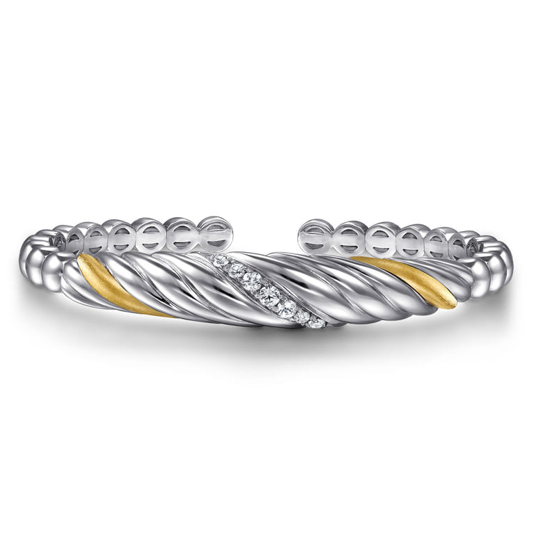 14K Yellow Gold and 925 Sterling Silver Bujukan White Sapphire Scallop Open Bangle - Shot 1
