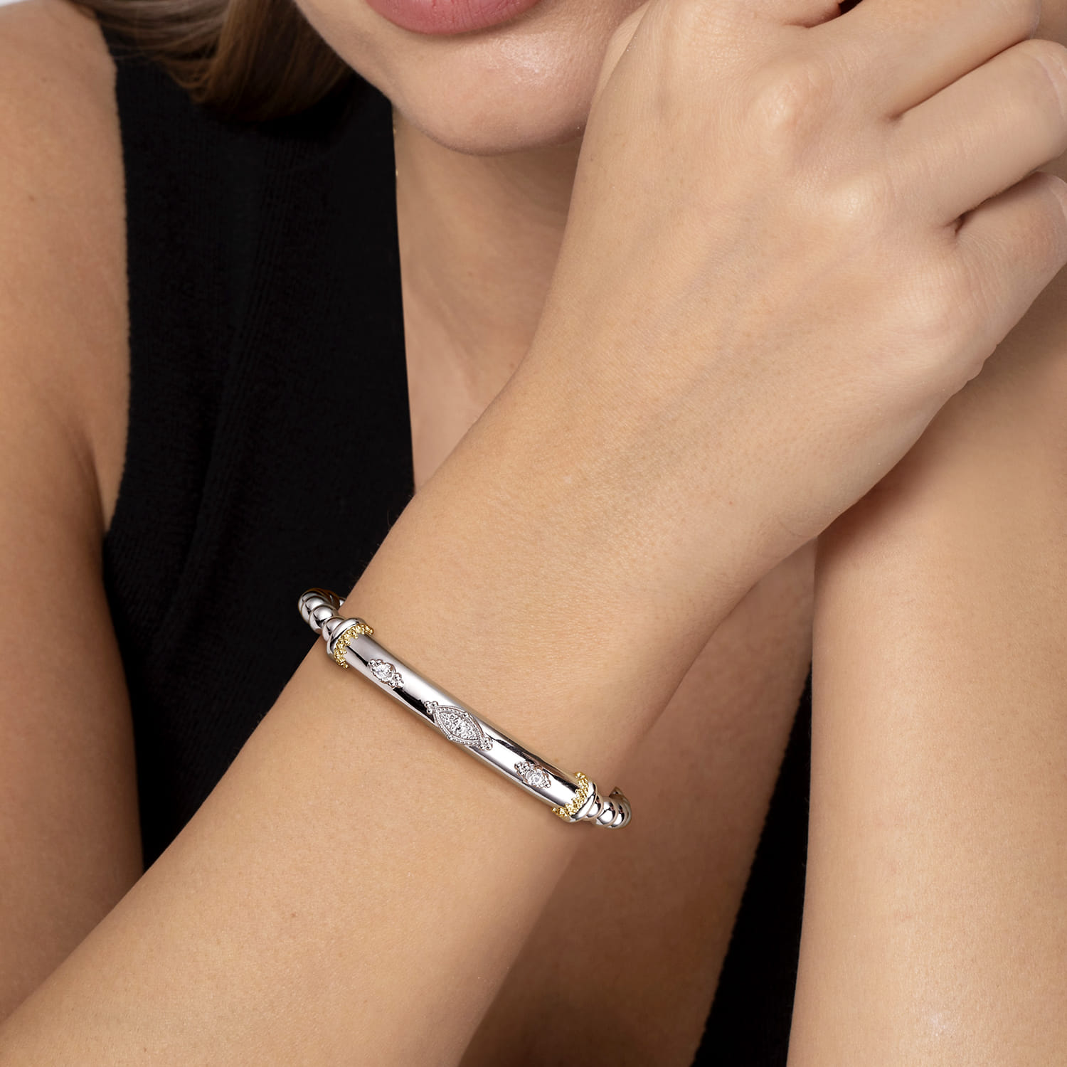 14K Yellow Gold and 925 Sterling Silver Bujukan White Sapphire Split Bangle Bracelet - Shot 4