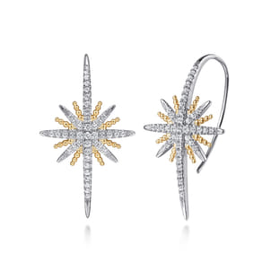 14K Yellow Gold and 925 Sterling Silver Bujukan White Sapphire Starburst Drop Earrings