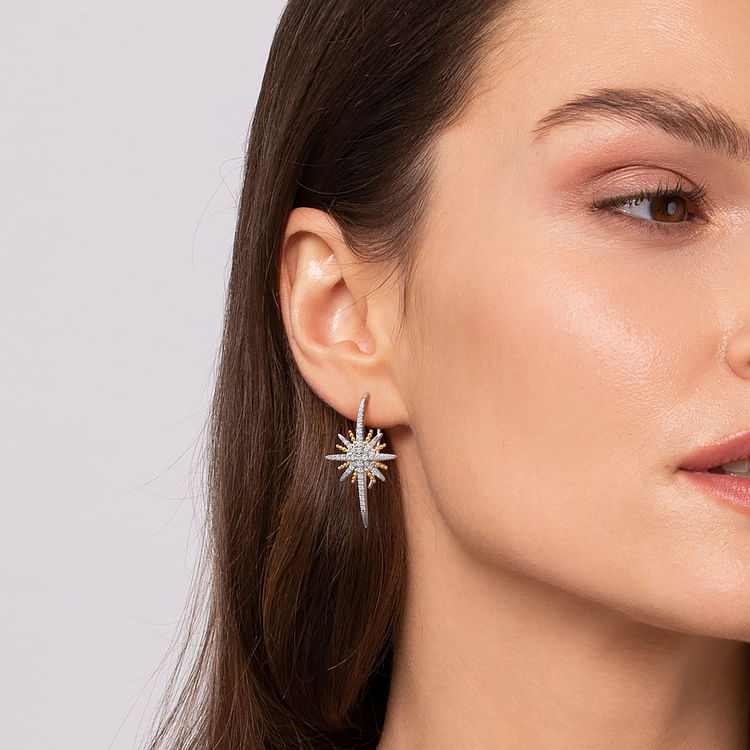 14K Yellow Gold and 925 Sterling Silver Bujukan White Sapphire Starburst Drop Earrings