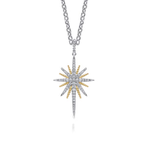 14K Yellow Gold and 925 Sterling Silver Bujukan White Sapphire Starburst Pendant Necklace