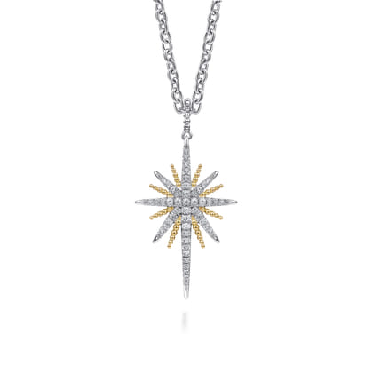14K Yellow Gold and 925 Sterling Silver Bujukan White Sapphire Starburst Pendant Necklace