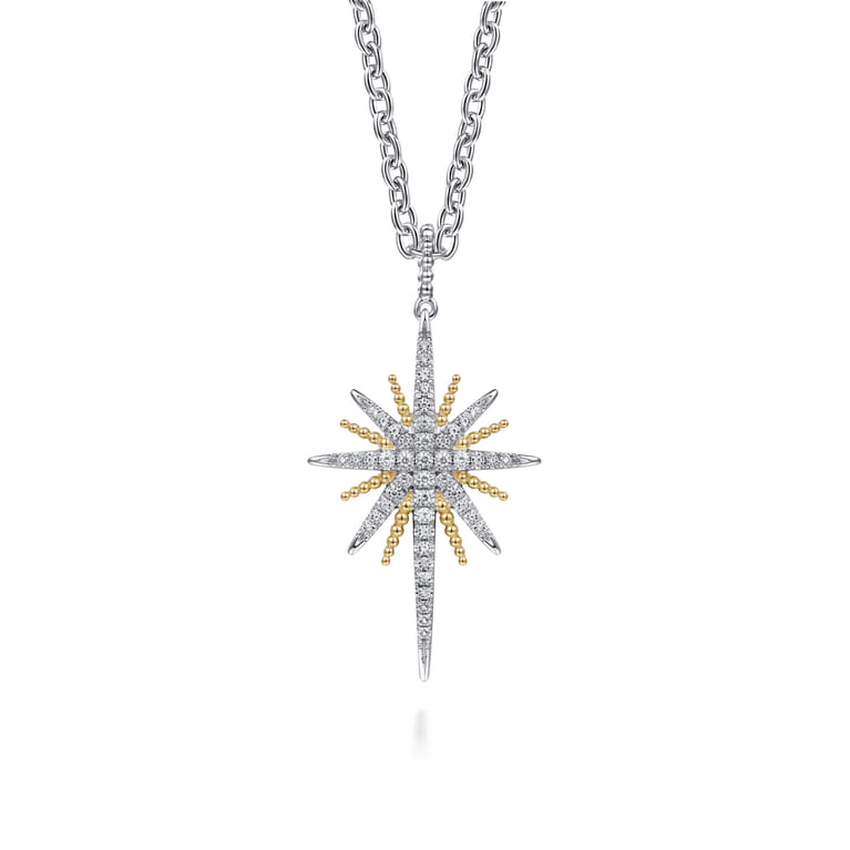 14K Yellow Gold and 925 Sterling Silver Bujukan White Sapphire Starburst Pendant Necklace - Shot 1