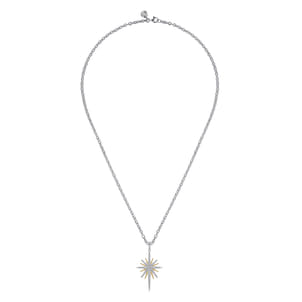 14K Yellow Gold and 925 Sterling Silver Bujukan White Sapphire Starburst Pendant Necklace