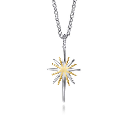 14K Yellow Gold and 925 Sterling Silver Bujukan White Sapphire Starburst Pendant Necklace