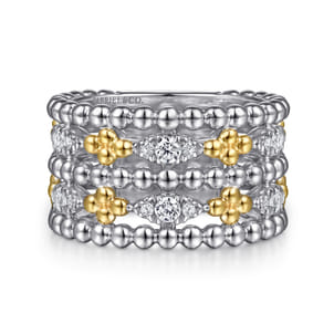 14K Yellow Gold and 925 Sterling Silver Bujukan White Sapphire Wide Band Ring