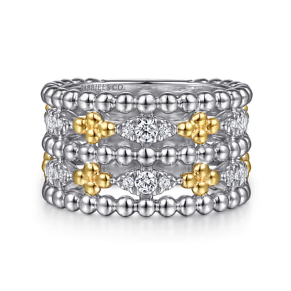 14K Yellow Gold and 925 Sterling Silver Bujukan White Sapphire Wide Band Ring