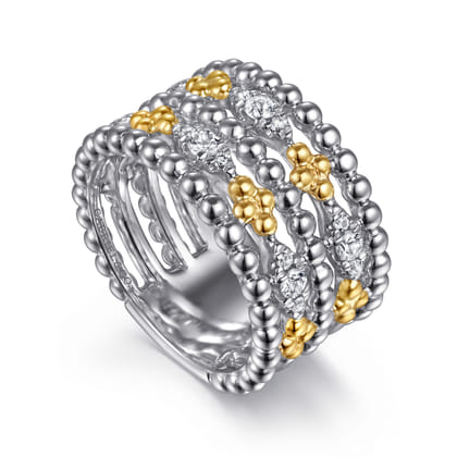 14K Yellow Gold and 925 Sterling Silver Bujukan White Sapphire Wide Band Ring